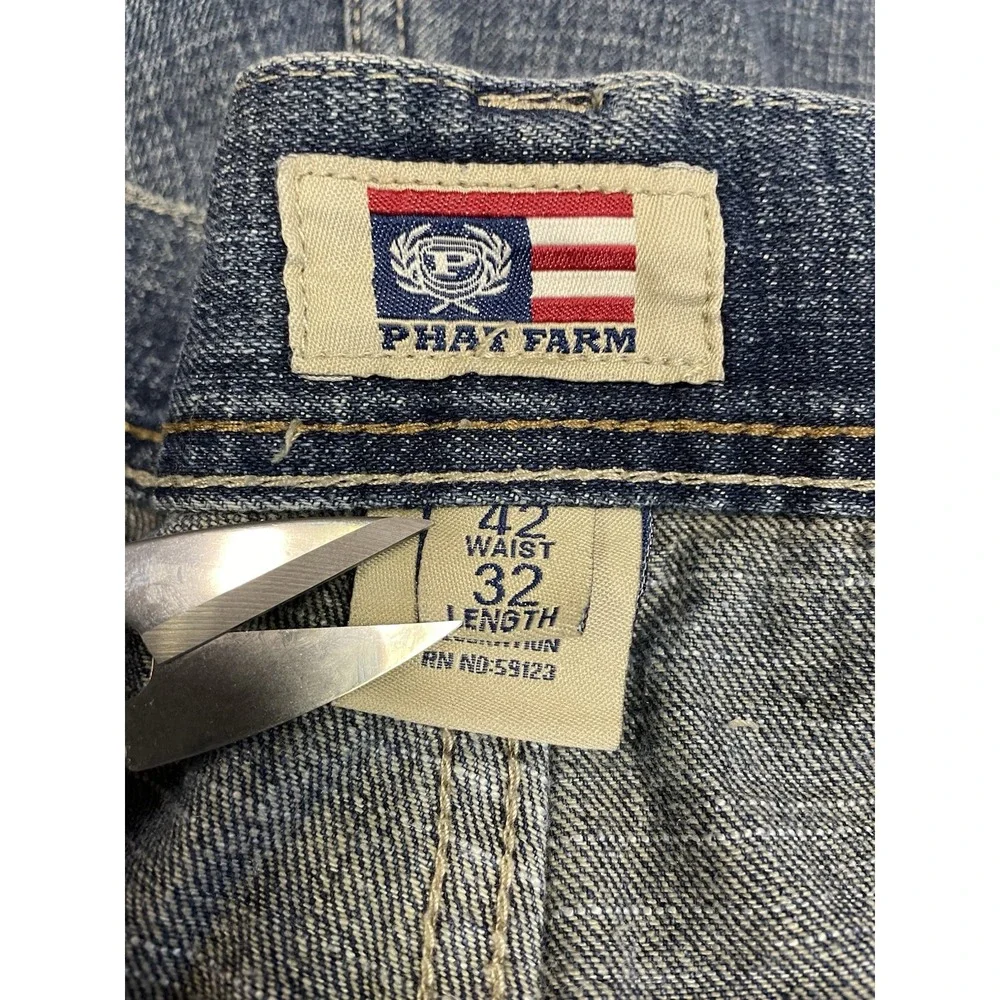 VTG Phat Farm Men Argyle Pocket Denim Jeans Straight Leg Y2K Hip Hop Baggy 42 32